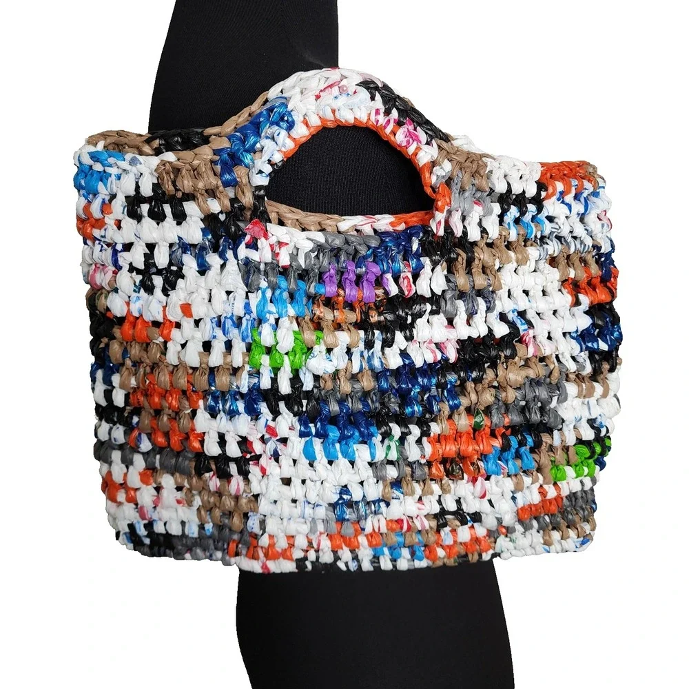 Crocheted Plastic Tote Bag Multicolored Original Handmade Unique Recycled